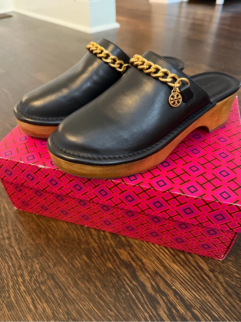 Tory Burch Black Leather Chain-Trim Clog Mules